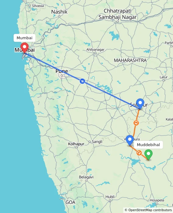 Route map showing distance and travel time from Muddebihal, India to Mumbai, India