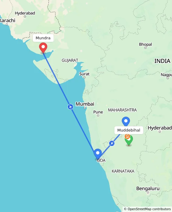 Route map showing distance and travel time from Muddebihal, India to Mundra, India