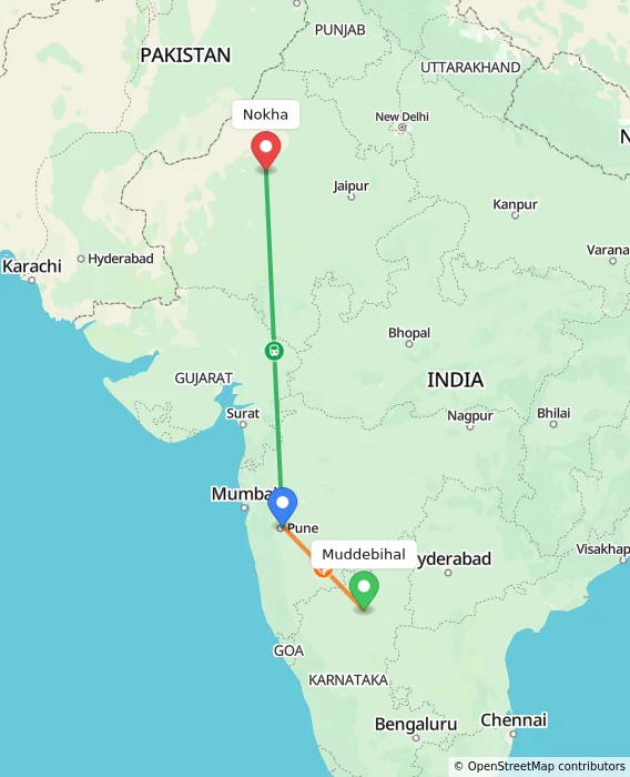 Route map showing distance and travel time from Muddebihal, India to Nokha, India