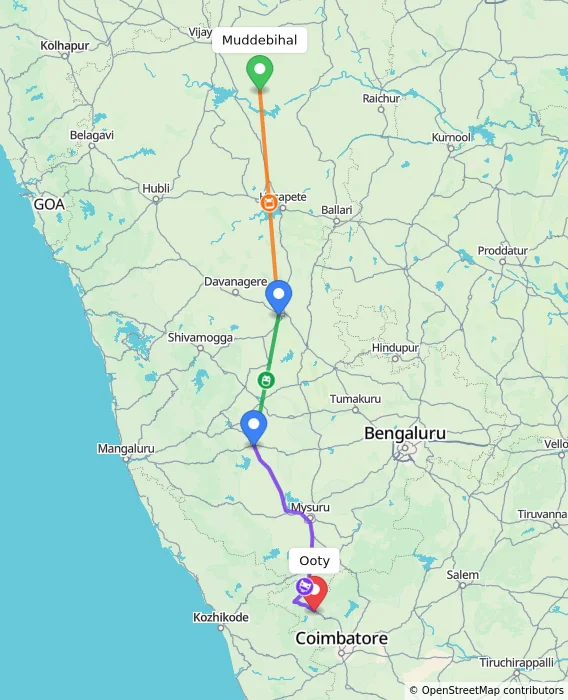 Route map showing distance and travel time from Muddebihal, India to Ooty, India