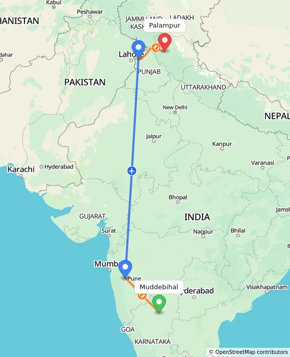 Route map showing distance and travel time from Muddebihal, India to Palampur, India