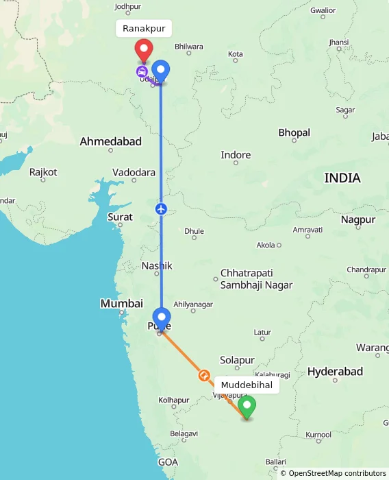 Route map showing distance and travel time from Muddebihal, India to Ranakpur, India