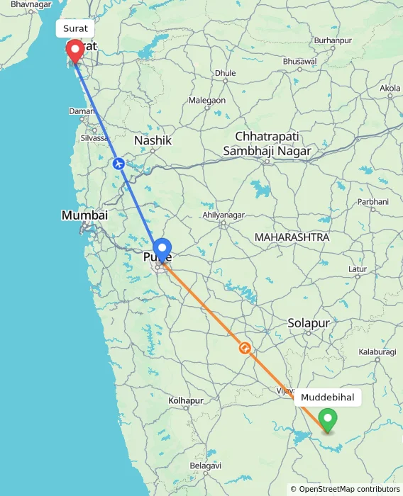 Route map showing distance and travel time from Muddebihal, India to Surat, India
