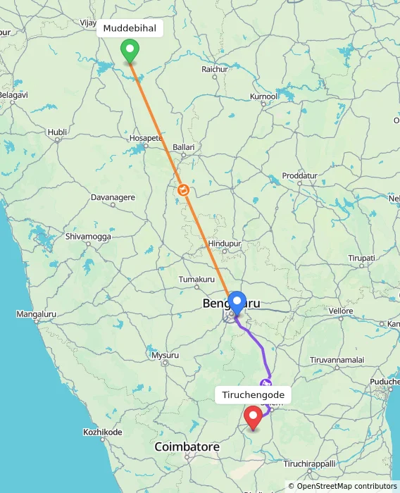 Route map showing distance and travel time from Muddebihal, India to Tiruchengode, India