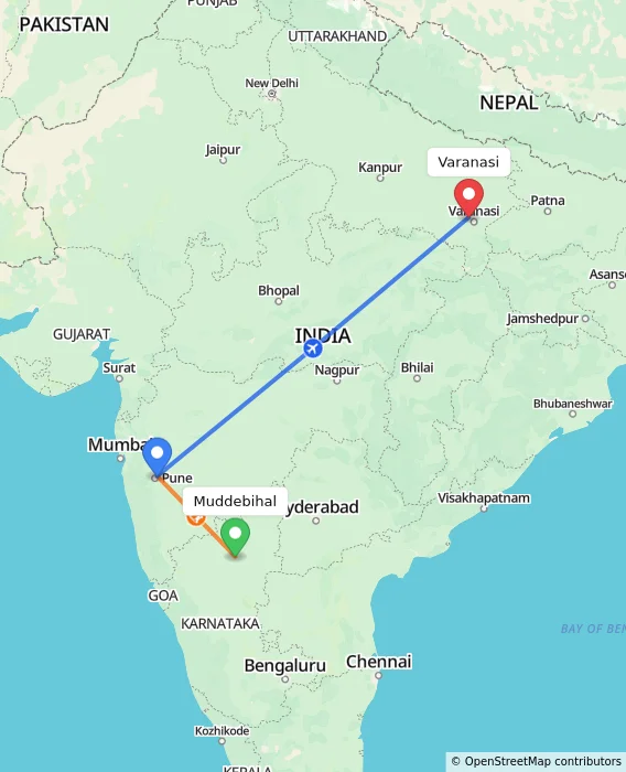 Route map showing distance and travel time from Muddebihal, India to Varanasi, India