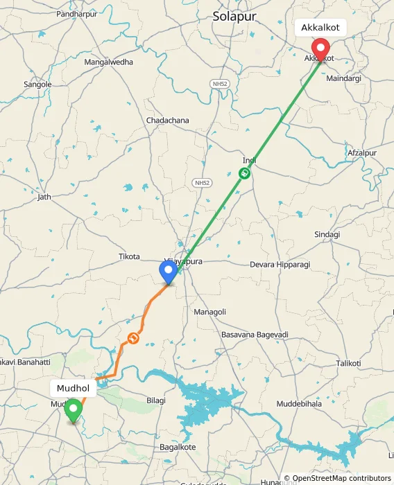 Route map showing distance and travel time from Mudhol, India to Akkalkot, India