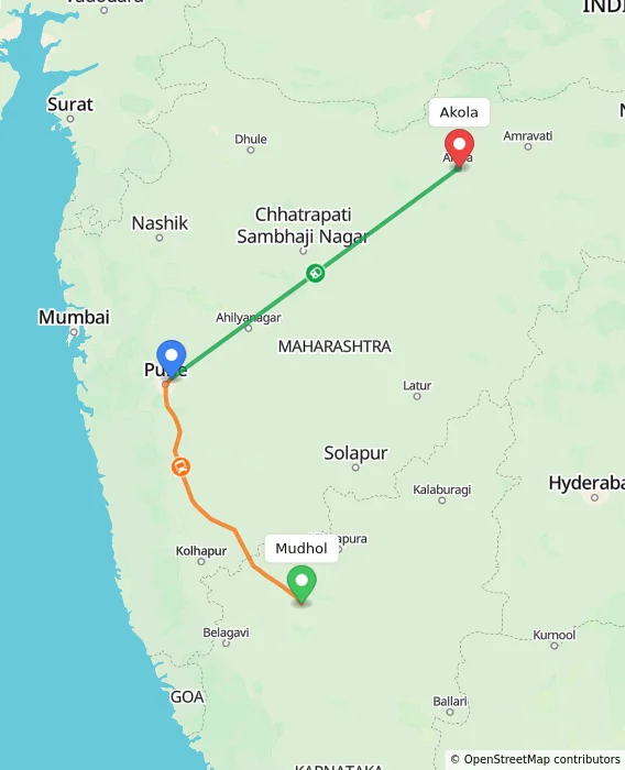 Route map showing distance and travel time from Mudhol, India to Akola, India