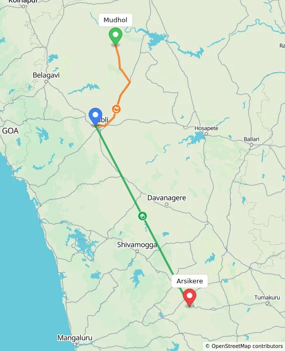 Route map showing distance and travel time from Mudhol, India to Arsikere, India