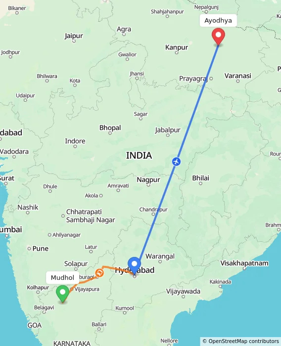 Route map showing distance and travel time from Mudhol, India to Ayodhya, India