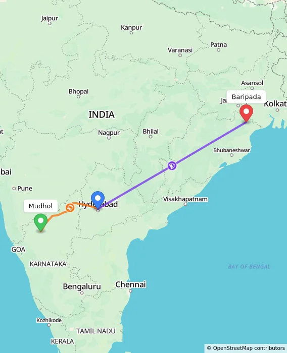 Route map showing distance and travel time from Mudhol, India to Baripada, India