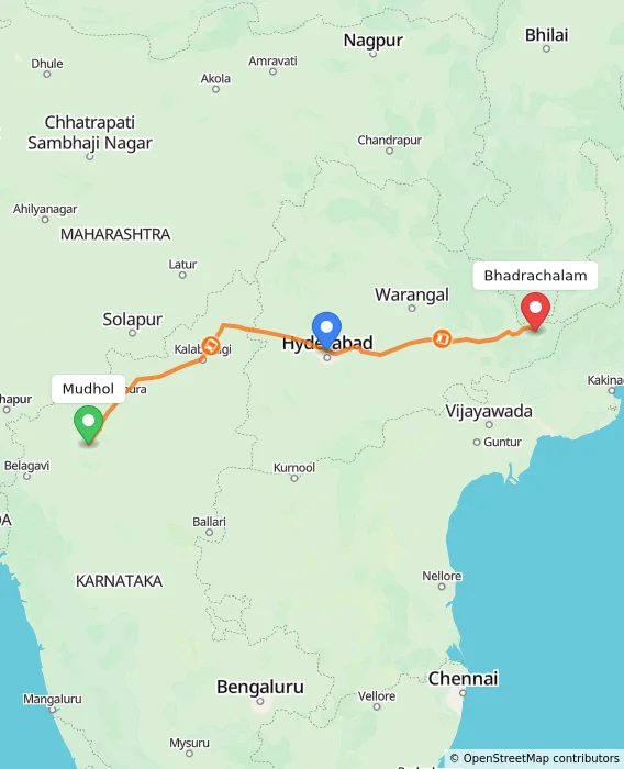 Route map showing distance and travel time from Mudhol, India to Bhadrachalam, India