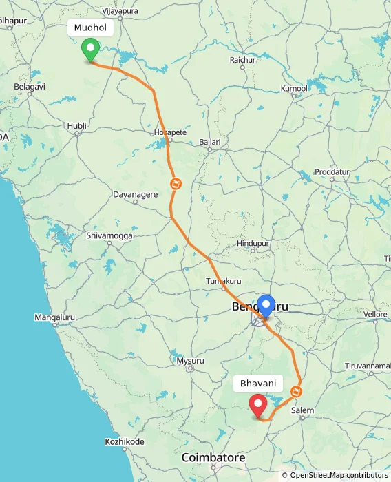 Route map showing distance and travel time from Mudhol, India to Bhavani, India