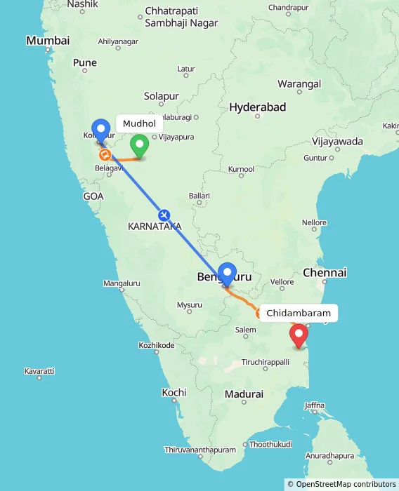 Route map showing distance and travel time from Mudhol, India to Chidambaram, India