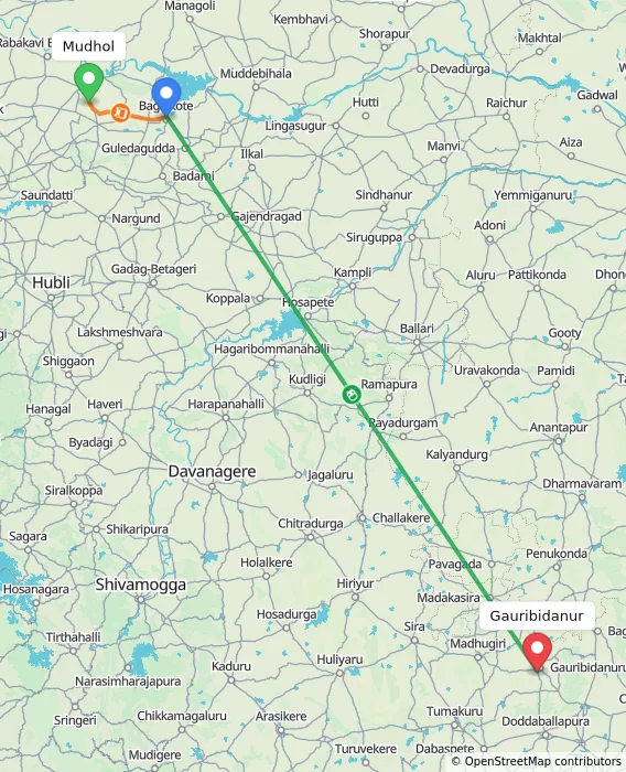 Route map showing distance and travel time from Mudhol, India to Gauribidanur, India