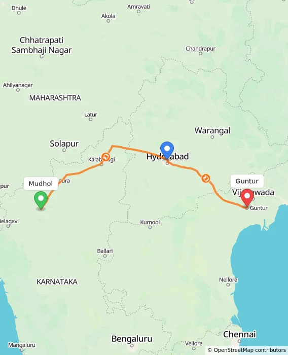 Route map showing distance and travel time from Mudhol, India to Guntur, India