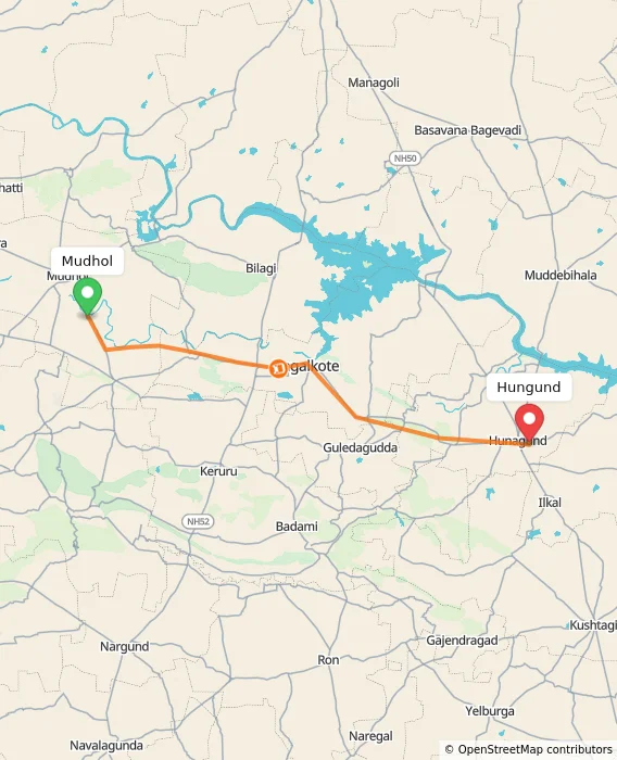 Route map showing distance and travel time from Mudhol, India to Hungund, India