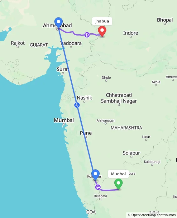 Route map showing distance and travel time from Mudhol, India to Jhabua, India