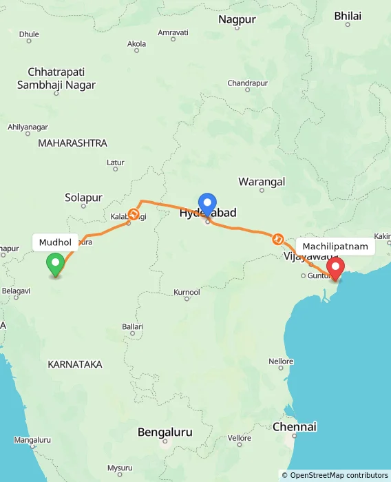 Route map showing distance and travel time from Mudhol, India to Machilipatnam, India