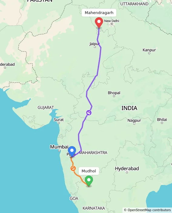 Route map showing distance and travel time from Mudhol, India to Mahendragarh, India