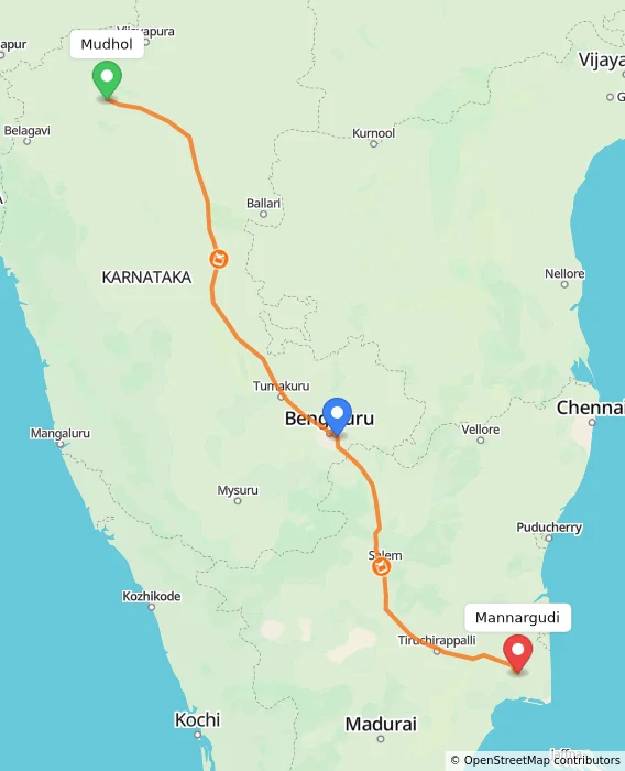 Route map showing distance and travel time from Mudhol, India to Mannargudi, India