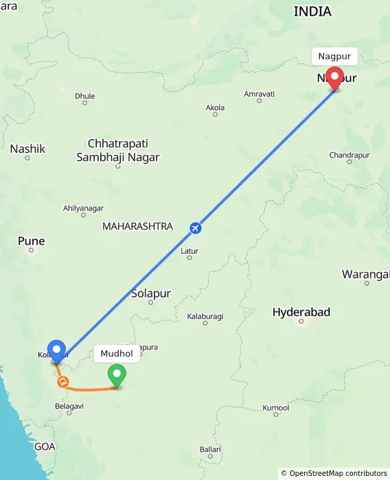 Route map showing distance and travel time from Mudhol, India to Nagpur, India