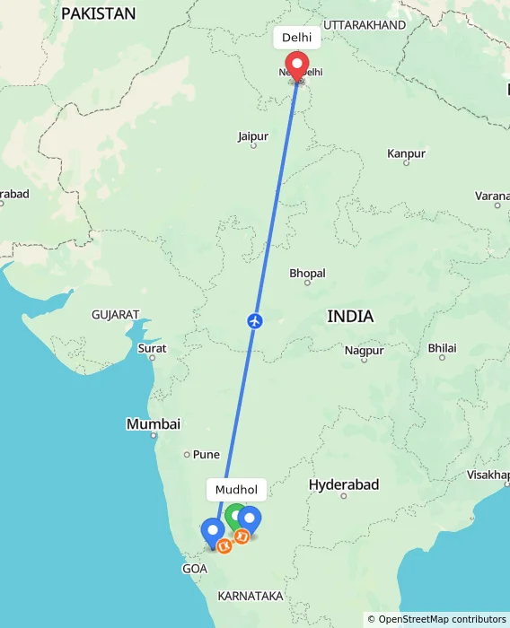 Route map showing distance and travel time from Mudhol, India to Delhi, India
