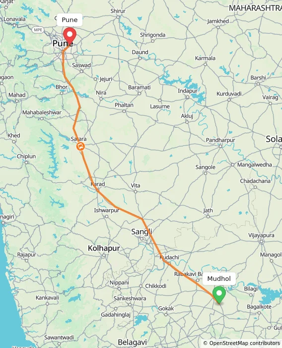 Route map showing distance and travel time from Mudhol, India to Pune, India
