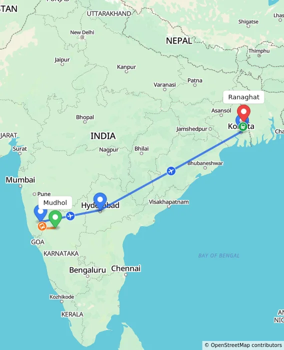 Route map showing distance and travel time from Mudhol, India to Ranaghat, India