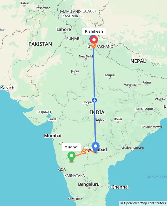 Route map showing distance and travel time from Mudhol, India to Rishikesh, India