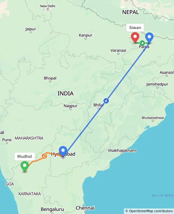 Route map showing distance and travel time from Mudhol, India to Siwan, India