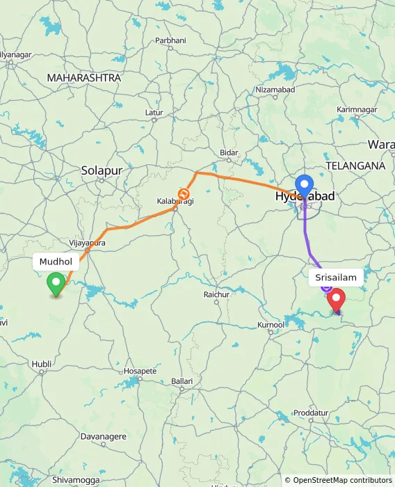 Route map showing distance and travel time from Mudhol, India to Srisailam, India