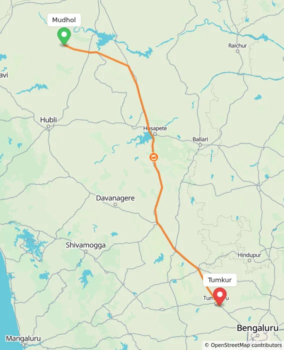 Route map showing distance and travel time from Mudhol, India to Tumkur, India