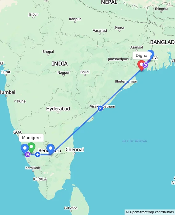 Route map showing distance and travel time from Mudigere, India to Digha, India