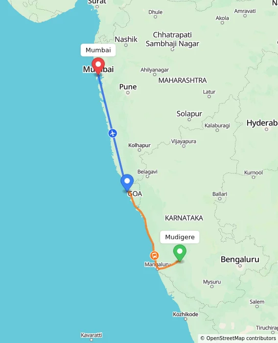 Route map showing distance and travel time from Mudigere, India to Mumbai, India