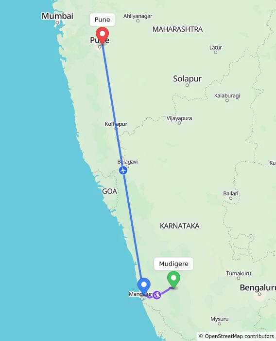 Route map showing distance and travel time from Mudigere, India to Pune, India