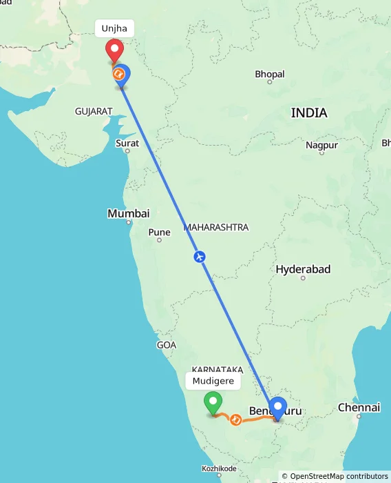 Route map showing distance and travel time from Mudigere, India to Unjha, India