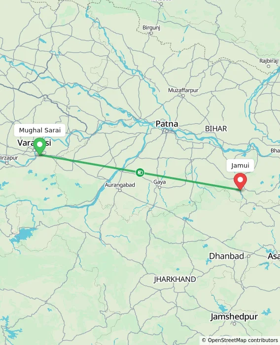Route map showing distance and travel time from Mughal Sarai, India to Jamui, India