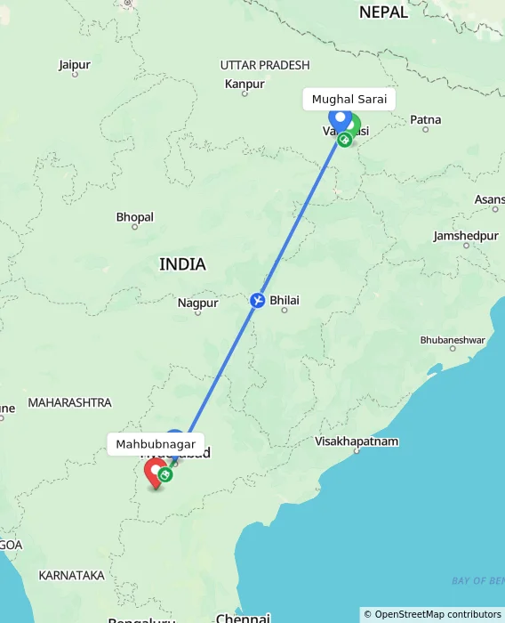 Route map showing distance and travel time from Mughal Sarai, India to Mahbubnagar, India