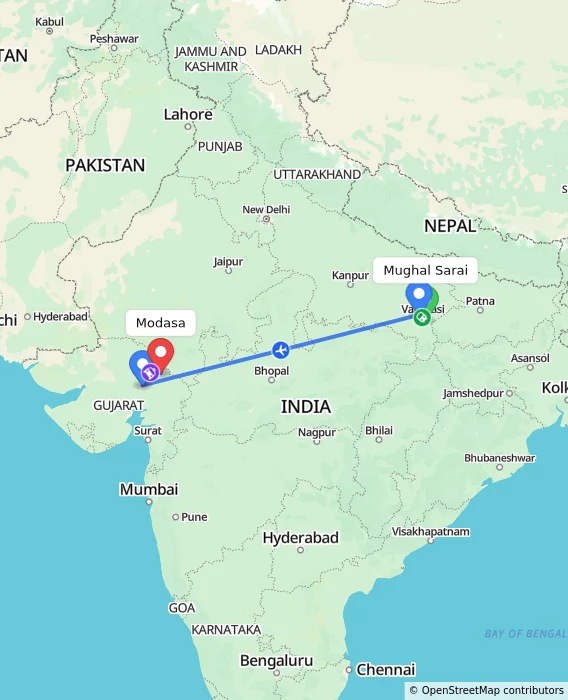 Route map showing distance and travel time from Mughal Sarai, India to Modasa, India