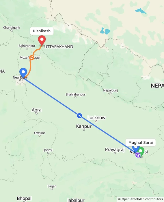Route map showing distance and travel time from Mughal Sarai, India to Rishikesh, India