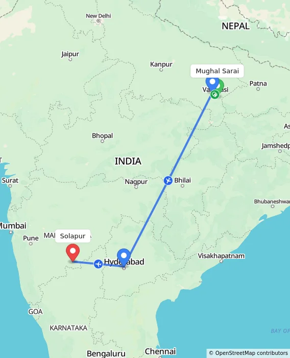 Route map showing distance and travel time from Mughal Sarai, India to Solapur, India