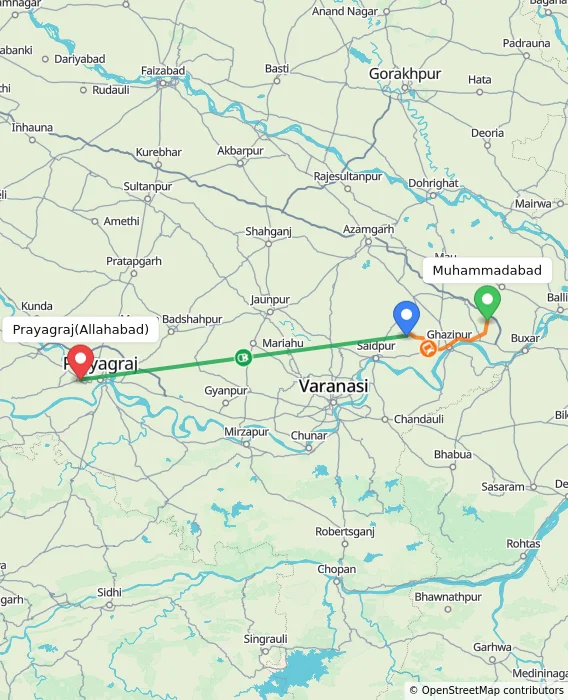 Route map showing distance and travel time from Muhammadabad, India to Allahabad, India