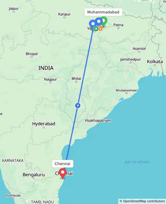 Route map showing distance and travel time from Muhammadabad, India to Chennai, India