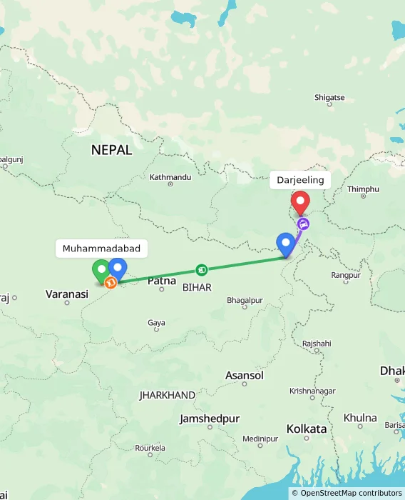 Route map showing distance and travel time from Muhammadabad, India to Darjeeling, India