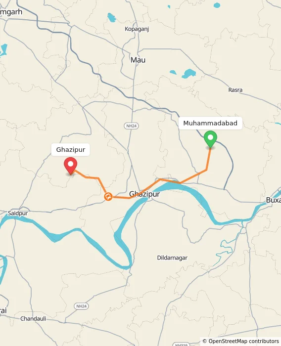 Route map showing distance and travel time from Muhammadabad, India to Ghazipur, India
