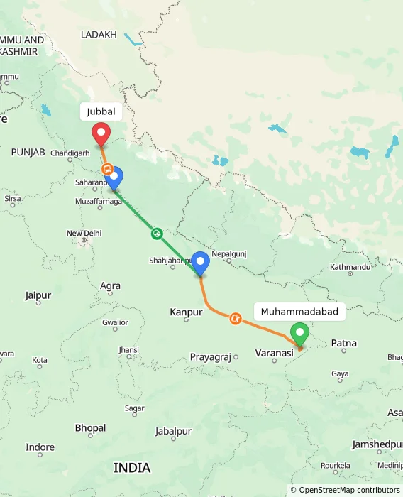Route map showing distance and travel time from Muhammadabad, India to Jubbal, India