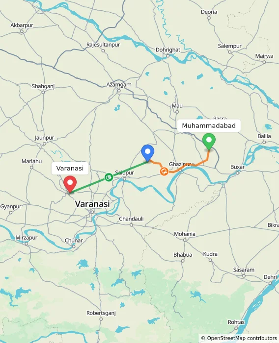 Route map showing distance and travel time from Muhammadabad, India to Varanasi, India