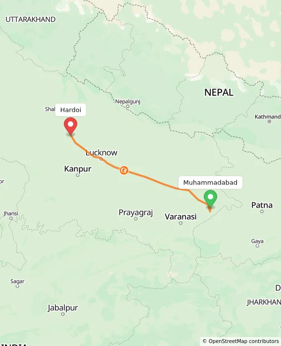 Route map showing distance and travel time from Muhammadabad, India to Hardoi, India