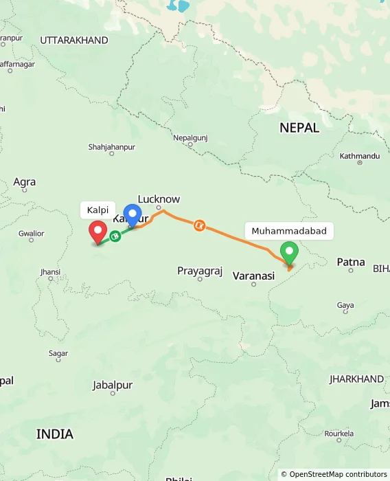 Route map showing distance and travel time from Muhammadabad, India to Kalpi, India