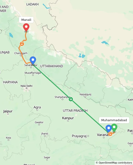 Route map showing distance and travel time from Muhammadabad, India to Manali, India